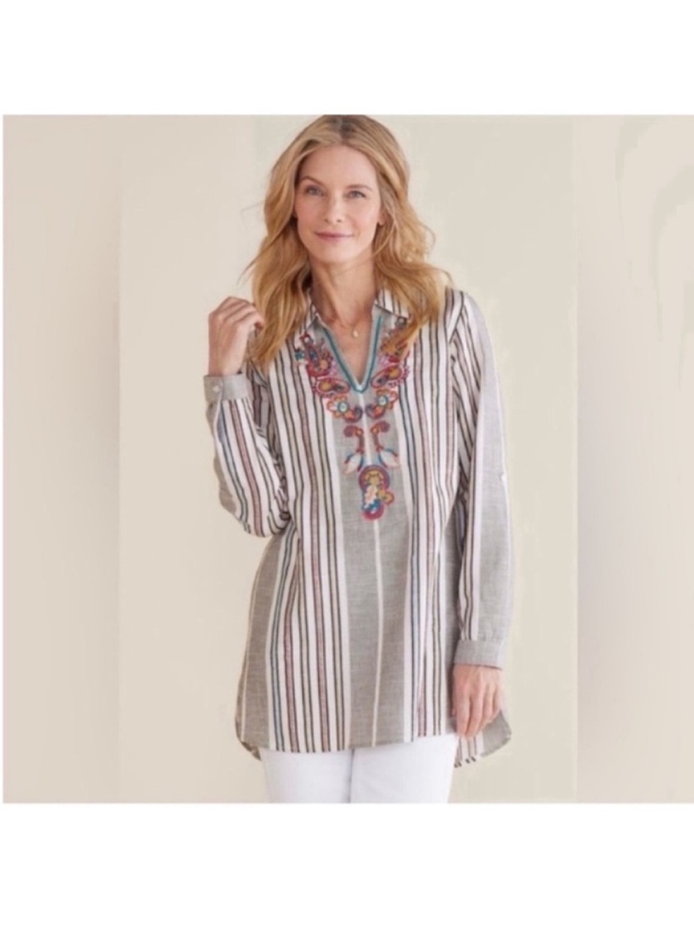 Soft surroundings 100% cotton stripe floral embroidered roll tab sleeve tunic to